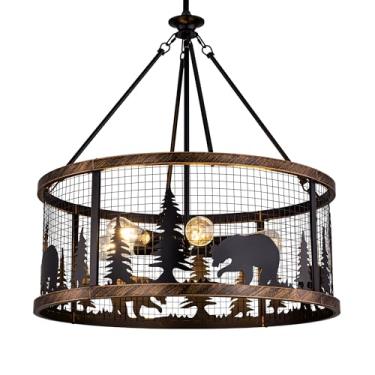 Imagem de TOCHIC Lustre Farmhouse, Luminária Preta Para Sala De Jantar, Rústico Com 6 Luzes E Formato Tambor, Pendente Teto Estilo Western Vintage Estar, Quarto, Corredor, Bar, D-28"