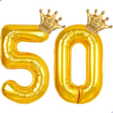 Imagem de 50 balões com números dourados de 101,6 cm para decorações de aniversário de 50 anos para homens e mulheres, balões gigantes de 50 anos