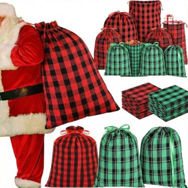 Imagem de SATINIOR Pacote com 12 sacos de tecido para presente de Natal 51 x 40 x 30,5 x 30,5 x 25,4 cm, sacos de algodão com cordão, sacos de embrulho xadrez em vermelho e verde para embrulho e armazenamento