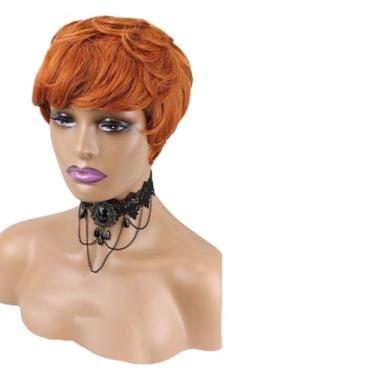 Imagem de Pixie corte peruca de cabelo humano curto bob perucas fof brasileiro virgem preto feminino cabelo humano com franja peruca completa máquina feita peruca/861 (Size : ORANGE)
