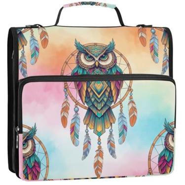 Imagem de Organizador de fichário com zíper estilizado coruja rosa verde 3 cm 3 argolas bolsa resistente durável para fichários escolares com alça de ombro para portfólio comporta 500 lençóis, 34,5 x 31,5 x 9