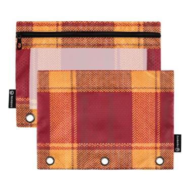 Imagem de GAIGEO Pasta de lápis para meninos com 3 anéis, bolsa de lápis com zíper, giz de cera, bolsos transparentes para escola, tartã, vermelho, laranja, estética, 25 x 18 cm, 2 pacotes