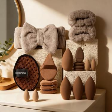 Imagem de Conjunto de esponja de maquiagem 20 peças, kit de esponjas de liquidificador de beleza com faixa de cabeça, pó puffs, esponja de limpeza, mini esponjas de maquiagem para base, corretivo e contorno