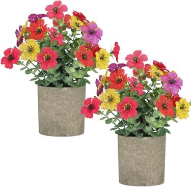 Imagem de Pacote com 2 plantas falsas pequenas, vasos de plantas artificiais, flores artificiais em vaso margarida com folhas de eucalipto, para decoração de casa, escritório, casa de fazenda, mesa interna