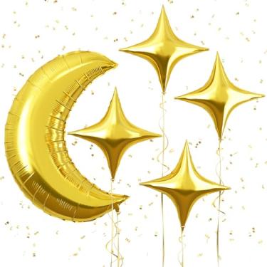 Imagem de Froova Balões de lua e estrela com balão de hélio dourado metálico grande de 91 cm em formato de estrela de alumínio dourado cromado de 45 cm para decoração de festa de aniversário de casamento e chá