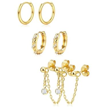 Imagem de ZELORES 3 pares de brincos de argola banhados a ouro 14K para mulheres, conjunto de brincos de argola com pingente de corrente moderna, cartilagem de hélice, brincos para vários piercings, Cobre