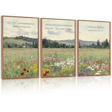 Imagem de IARTTOP Arte de parede em tela emoldurada floral com escrituras cristãs, versículo bíblico moderno flores silvestres decoração de parede, lamentações religiosas das escrituras 3: 22-23 impressões de