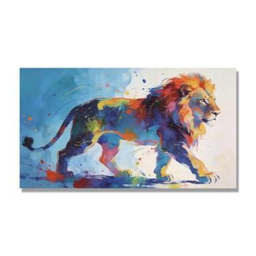 Imagem de NHLDZYH Arte abstrata de salpicos de leão, pintura colorida de animais em tela, decoração de parede expressiva moderna para sala de estar ou escritório. A99. 50 x 90 cm-19,7 x 35,5 pol. Somente tela