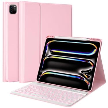 Imagem de BQSS Capa de teclado para iPad Pro de 13 polegadas (M4) 2024 com teclado para iPad Pro de 13 polegadas M4 com teclado retroiluminado destacável sem fio para iPad Pro com suporte de lápis rosa