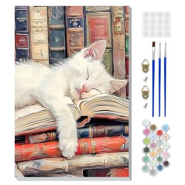 Imagem de DOMROM Pintura emoldurada por números gato para adultos iniciantes, kits de pintura por números de animais em tela, kits de artesanato de gato com números acrílicos para presente de decoração de casa