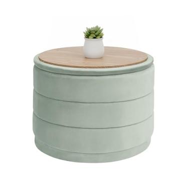 Imagem de B FSOBEIIALEO Otomano de armazenamento de veludo redondo com bandeja, otomano dobrável com mesa de centro de armazenamento descanso de pés para dormitório, sala de estar, 58 cm x 58 cm x 44 cm