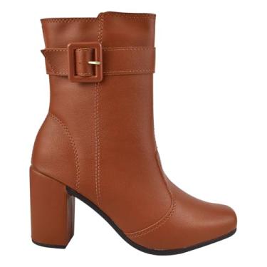 Imagem de Bota Feminina Napa Cano Médio Com Fivela E Ziper Bico Quadrado Conforto E Antiderrapante (Caramelo, 34, BR, Adulto, Numérico, 34)