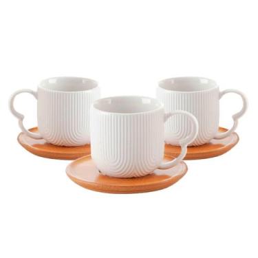 Imagem de Jogo 4 Xícaras Porcelana Branco De Café Chá Com Pires de Bambu Madeira