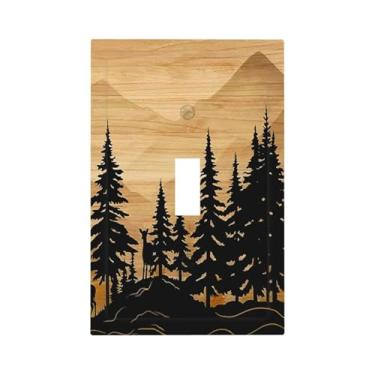 Imagem de wyehjut Capa de interruptor de luz de interruptor de interruptor de luz de madeira rústica floresta pinheiro, 1 gangue, placa decorativa de veado, campo, fazenda, marrom, tomada elétrica, receptáculo