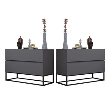 Imagem de Conjunto Duas Mesas De Cabeceira Eros 60cm Pés Preto 2 Gavetas Fosco Q