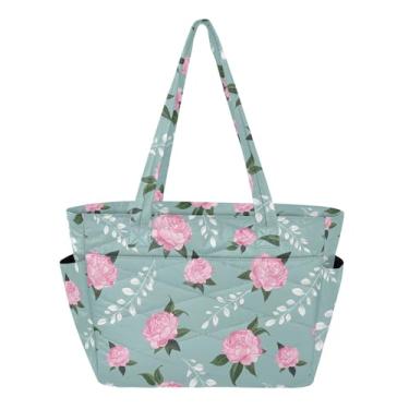 Imagem de Burbuja Bolsa feminina rosa peônias, bolsa de mão com bolsos, leve, acolchoada para laptop, para viagem, escola, trabalho, academia