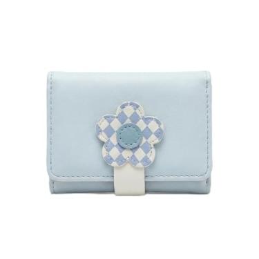 Imagem de Carteira Feminina Pequena Compacta Porta Cartões e Notas Design Flor Xadrez Couro PU Macio Mini Tons Pastel (Azul)