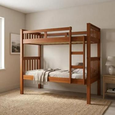 Imagem de Beliche Solteiro em Madeira Maciça com Escada e Grades de Proteção Cas