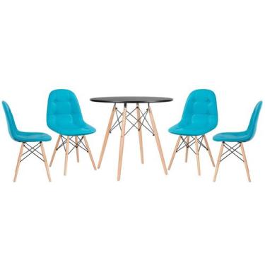 Imagem de Laraz, Mesa redonda Eames 80 cm preto + 4 cadeiras estofadas Eiffel Bo