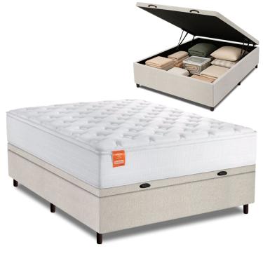 Imagem de Cama Box Baú Colchão Casal Molas Ensacadas Real 138x188x68cm Linho Branco Inducol - Sup...