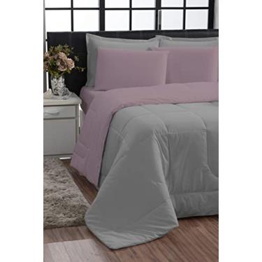 Imagem de Kit Edredom Queen Jogo de Cama 100% Algodão 200 fios (Cinza e Rosa)