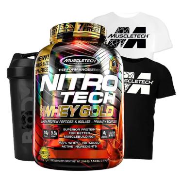 Imagem de Nitro tech 100% whey gold 2.5KG + camiseta dry fit branca gg + shaker - muscletech (morango)