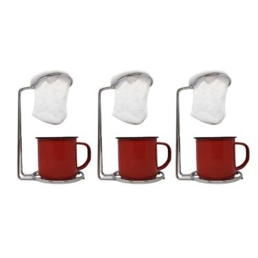 Imagem de Kit 3 Mini Coador Café Aço Cromado Com Caneca Esmaltada Vermelha 120ml