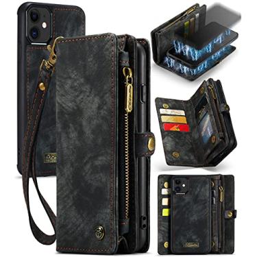 Imagem de ZORSOME Capa carteira para iPhone 11,2 em 1 destacável de couro premium PU com 8 compartimentos para cartões, bolsa magnética com zíper, alça de pulso para mulheres, homens e meninas, preta
