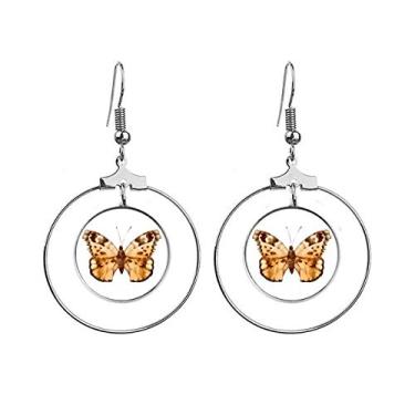 Imagem de Brincos de borboleta com asas marrons com argola pendurada, joia circular