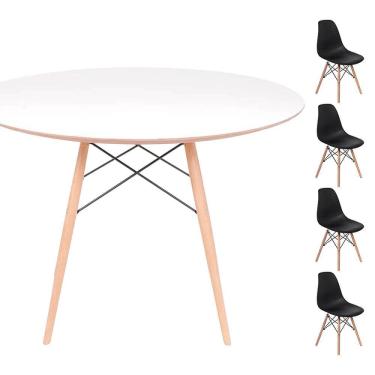 Imagem de Conjunto Mesa Eames Eiffel DSW Redonda Branca 90cm + 4 Cadeiras Eames DSW - Preta