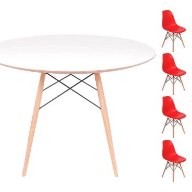 Imagem de Conjunto Mesa Eames Eiffel DSW Redonda Branca 90cm + 4 Cadeiras Eames DSW - Vermelha