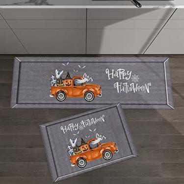 Imagem de Conjunto de 2 tapetes de cozinha Happy Halloween Caminhão laranja aquarela com abóbora cinza fantasma para tapetes acolchoados no chão e tapetes antiderrapantes absorventes corredor confortável tapete de pé