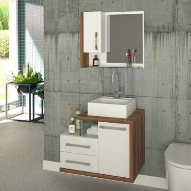 Imagem de Gabinete para Banheiro 1 Porta 2 Gavetas com Cuba Q35 e Espelheira Legno 650W Siena Móveis Branco/Nogal