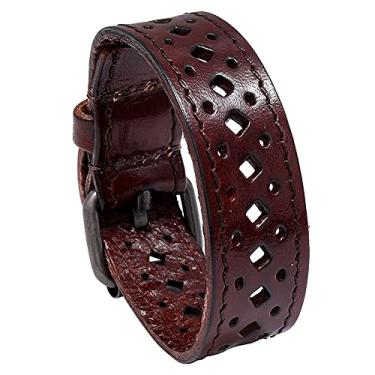 Imagem de YingHwa Pulseira masculina retrô com design oco esculpido pulseira de couro punk rock pulseira de couro larga masculina ajustável alça de pulso personalizada joia de ciclismo, Couro,