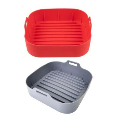 Imagem de TICKH 01 Forma de Silicone Quadrada para Airfryer 19 x 19 x 6cm Fritadeira Microondas 01 Cesto de Silicone Air Fryer Fritadeira Reutilizável Antiaderente Assadeira Silicone Fácil Limpar 01 Forma Quadrada Firme Cinza ou Vermelha