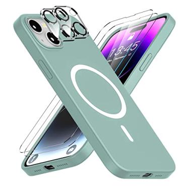 Imagem de jaroco [8 em 1] Capa projetada para iPhone 14 Plus, capa fina de silicone líquido [compatível com MagSafe] [com 2 peças de protetor de tela de vidro + protetor de lente de câmera] capa de telefone à prova de choque - verde pastel