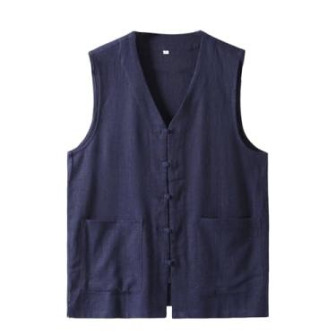 Imagem de Colete masculino casual cor sólida botão sapo colete streetwear gola V leve solto, Azul-escuro, X-Large