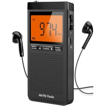 Imagem de Rádio pessoal portátil AM FM com excelente recepção, operado por 2 pilhas AAA com fone de ouvido estéreo, tela LCD grande, despertador Digtail