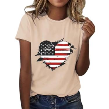 Imagem de Camiseta feminina com estampa de coração com bandeira americana do Dia da Independência de 4 de julho, vermelha, branca, azul, túnica patriótica, casual, Bege, XXG