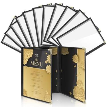 Imagem de Flexzion Capas de menu para papel de 23,8 cm x 31,5 cm – Livro de pedidos com 3 páginas com 6 visualizações com folhas de PVC transparentes encadernação preta para lanchonete, cafeteria, bar de bebidas (pacote com 12)
