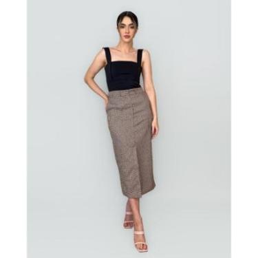 Imagem de Saia Midi Cambridge Reta Fenda Frontal Alfaiataria Xadrez Conigli Caramelo-Feminino