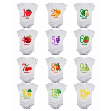 Imagem de Kit 12 Body Bebê Calupa Mesversario Manga Curta Frutas De 1 A 12 Meses Feminino-Feminino