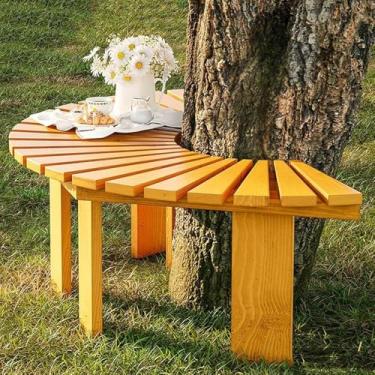 Imagem de Banco de árvore de jardim ao ar livre de madeira maciça, banco de parque redondo curvo em forma de leque com assento de ripas, banco de árvore meio redondo para pátio sem encosto para móveis