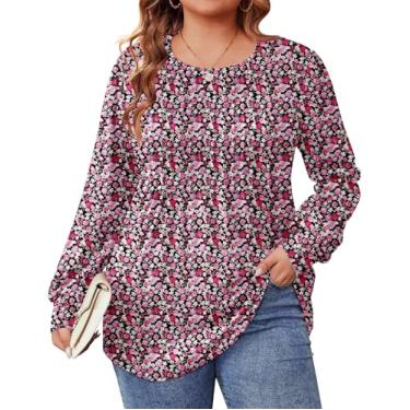 Imagem de IN'VOLAND Túnica feminina de manga comprida plus size, plissada, gola redonda, elegante, casual, solta, camiseta de outono, Rosa floral, 58