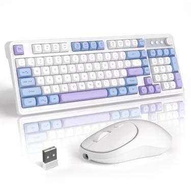 Imagem de MageGee Combo de teclado e mouse para jogos sem fio V560, com retroiluminação RGB, sensação mecânica, recarregável, 2,4 GHz, azul silencioso, branco, roxo, para Mac, laptop, PC, gamer