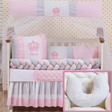 Imagem de Kit Berço Americano Coroa Princesa Rosa Menina + Almofada Amamentação 