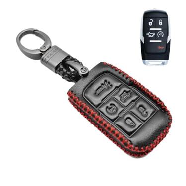 Imagem de MECHCOS Compatível com 2019 2020 Ram 2500 3500 4500 5500 Caminhão Captador 5 Botões Apenas para Botão de Pressão Capa de Couro Chaveiro Capa Fob Sem chave Suporte Remoto Protetor, Bônus: Chaveiro