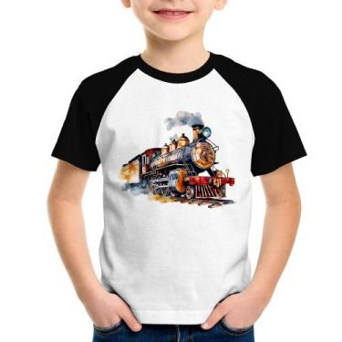 Imagem de Camiseta Raglan Infantil Trem Watercolor - Foca na Moda, Branco, Preto