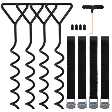 Imagem de Kit de âncora de amarração de trampolim, estacas de trampolim de aço em forma de saca-rolhas para uso pesado, amarração de trampolim com gancho em T para trampolins, estacas em espiral (conjunto de 4)