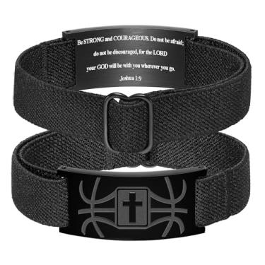 Imagem de KLIFOWDY Pulseiras masculinas para meninos basquete cruz pulseira elástica aço inoxidável ajustável versículo bíblico pulseiras joias cristãs dia dos pais ou presentes de formatura, First Communion